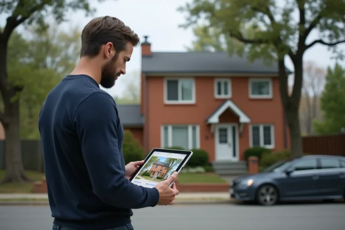 Homme debout devant une maison en brique consultant une simulation d'ensoleillement sur tablette via Google Maps