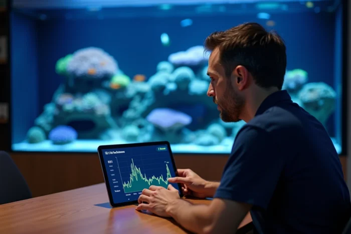 Un homme surveille les paramètres de son aquarium récifal via une tablette affichant des données en temps réel