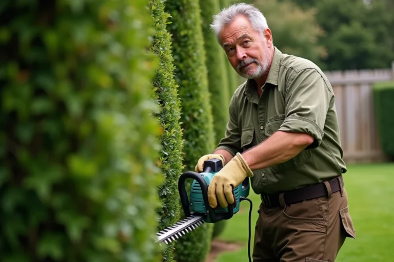 Homme utilisant un taille-haie électrique pour entretenir une haie de buis dans un jardin soigné