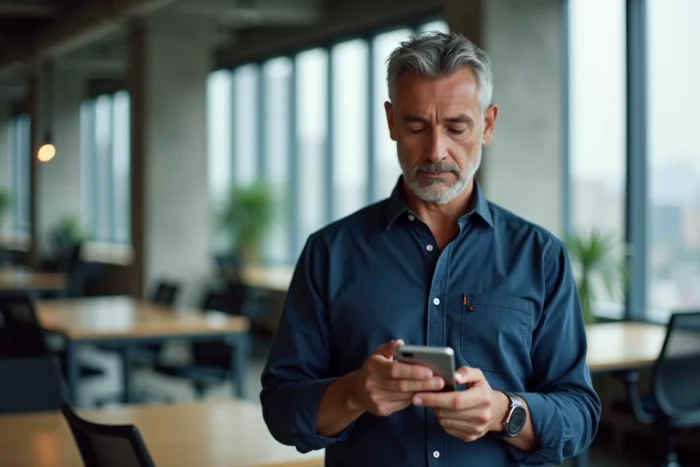 Homme d'affaires lisant des témoignages clients sur son smartphone dans un bureau moderne