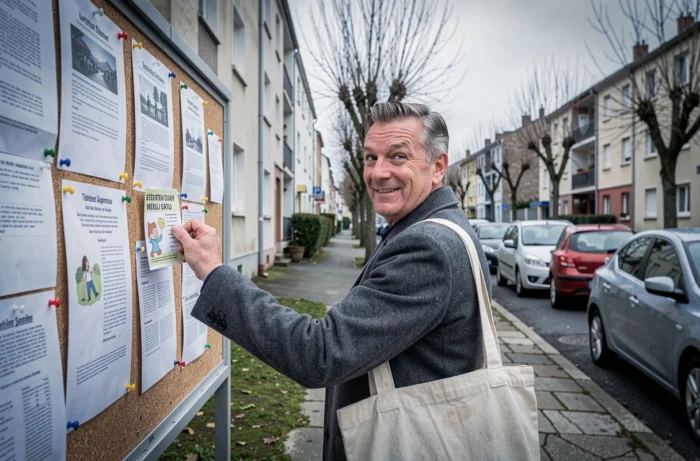 Homme affichant un tract humoristique sur un panneau d'affichage dans une rue de banlieue française en opposition au Rassemblement National