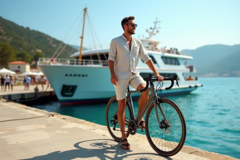 Homme avec son vélo sur le quai d'embarquement pour prendre le bateau vers Porquerolles