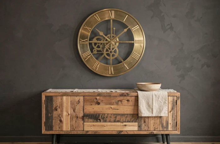 Horloge murale grand format en laiton vieilli au squelette apparent au-dessus d'un buffet en bois récupéré