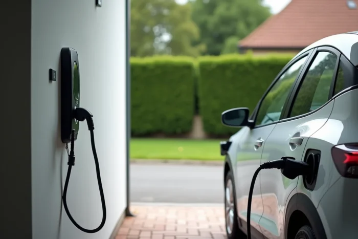 Voiture hybride rechargeable branchée sur une borne de recharge à domicile dans un pavillon