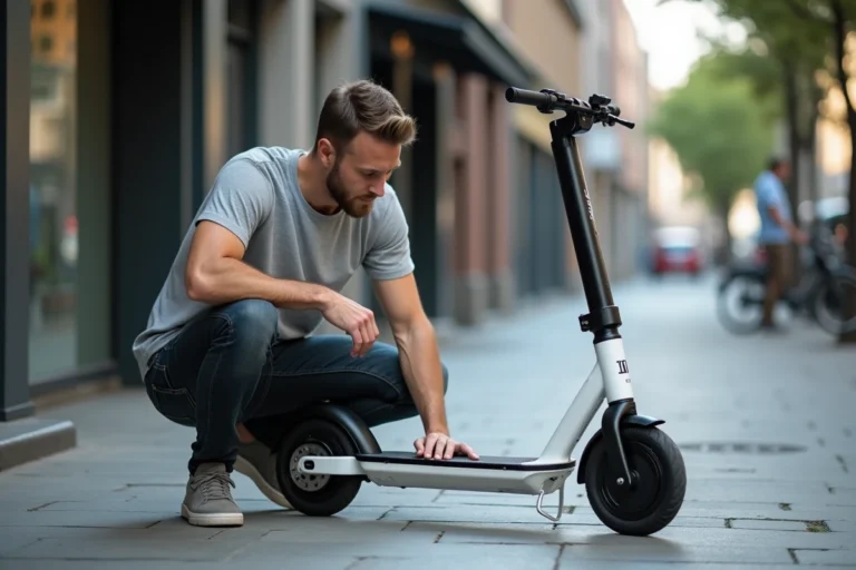 Homme inspectant la roue arrière d'une trottinette électrique Urban Glide sur un trottoir urbain