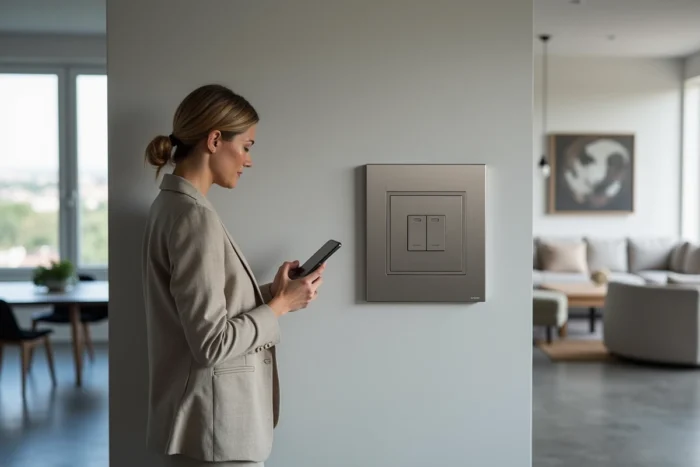 Interrupteur Legrand Céliane design haut de gamme avec finition aluminium installé dans un appartement moderne connecté à la domotique
