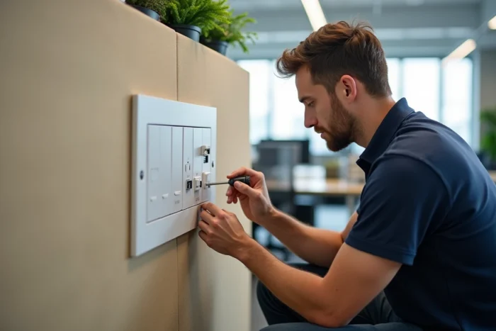 Gamme modulaire Legrand Mosaic avec modules interchangeables installés dans un bureau professionnel par un technicien