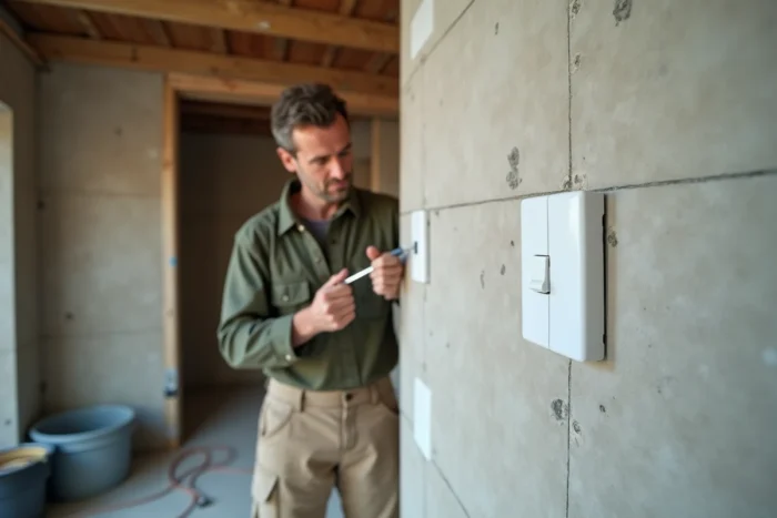 Interrupteur Legrand Neptune économique en cours d'installation dans un chantier de construction neuve par un électricien