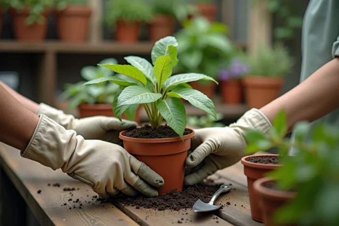Jardinier examinant une plante aux feuilles chlorotiques et blanchissantes dans une serre domestique, mains gantées tenant le pot