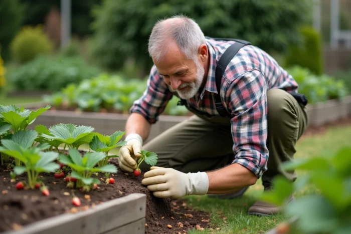 Jardinier inspectant les plants de fraises pour détecter la présence de carabes Pseudoophonus rufipes dans un potager
