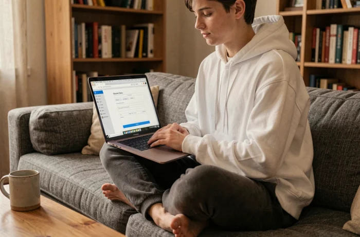 Jeune adulte remplissant un formulaire PDF en ligne sur un ordinateur portable depuis son salon confortable