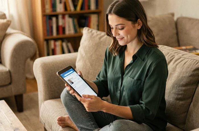 Jeune femme consultant sa messagerie Alice Zimbra webmail sur une tablette depuis son salon, gestion des emails à domicile