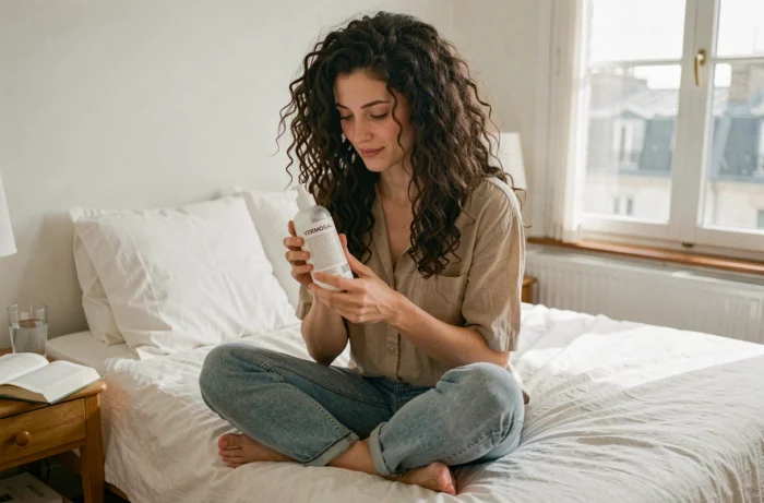 Jeune femme française lisant les instructions du produit capillaire Vermogal dans sa chambre ensoleillée