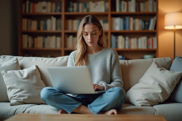 Jeune femme cherchant à résoudre un souci de webmail sur un ordinateur portable depuis son salon confortable