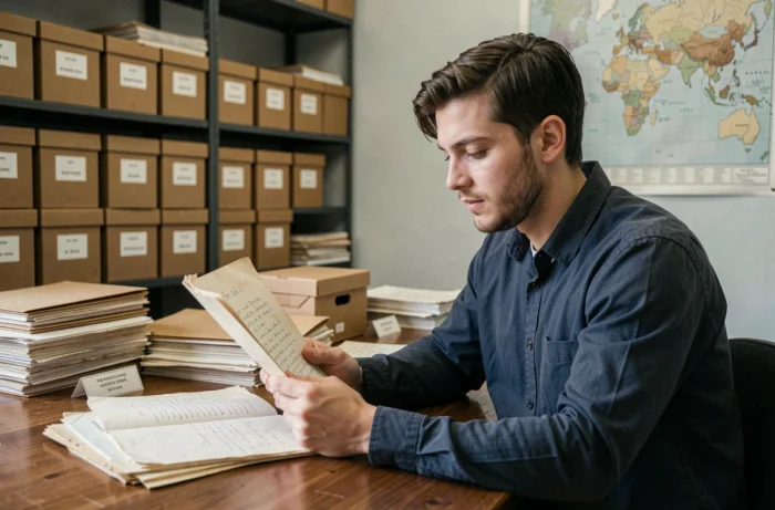 Jeune homme consultant des archives et documents officiels anciens dans une salle d'archives, à la recherche de son identité et de ses origines