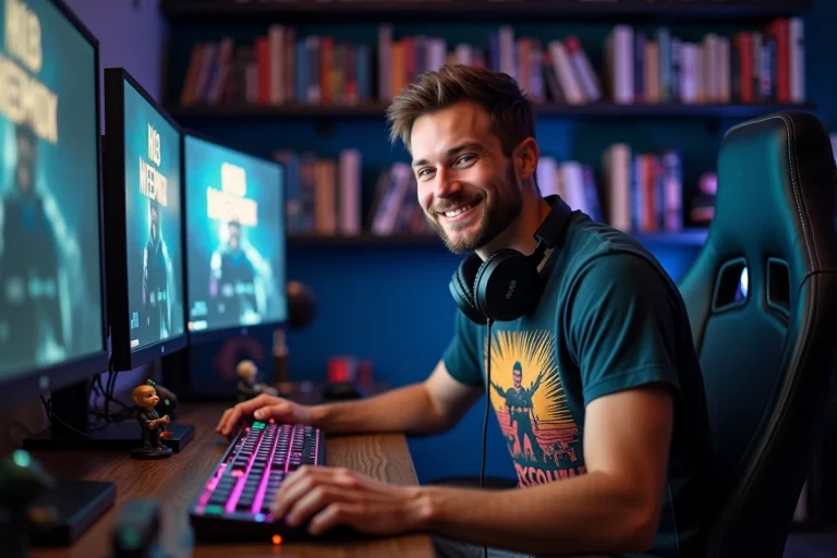 Jeune homme passionné de gaming assis à son bureau high-tech entouré de figurines pop culture et d'écrans de jeu