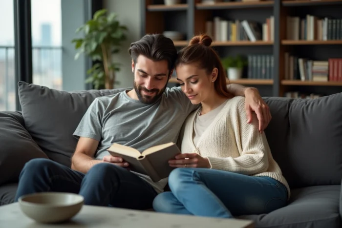 Jules Torres et sa compagne chez eux dans leur salon moderne, vie privée décontractée d'un couple complice