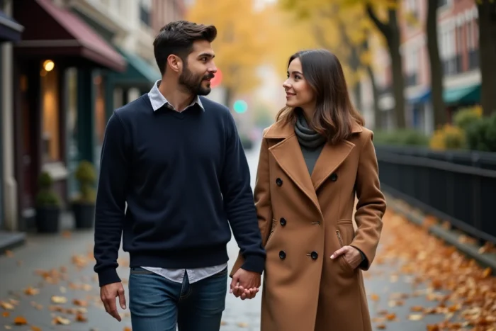 Le couple Jules Torres et sa compagne se promènent dans un quartier parisien en automne, vie privée et complicité amoureuse