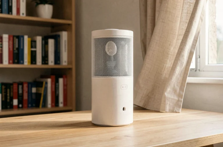Rafraîchisseur d'air Klarstein Maxfresh posé sur un bureau en bois dans un bureau à domicile moderne