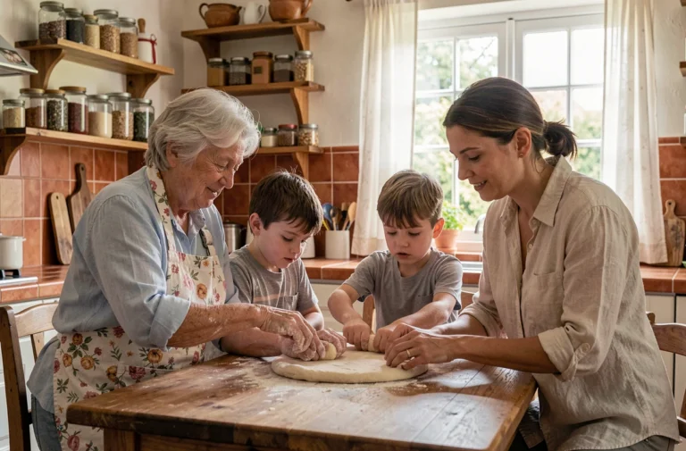 Famille multigénérationnelle qui prépare une recette ensemble dans une cuisine chaleureuse et authentique