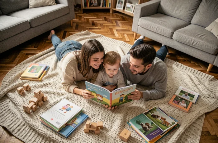 Jeune famille allongée sur une couverture dans le salon en train de lire un livre illustré ensemble