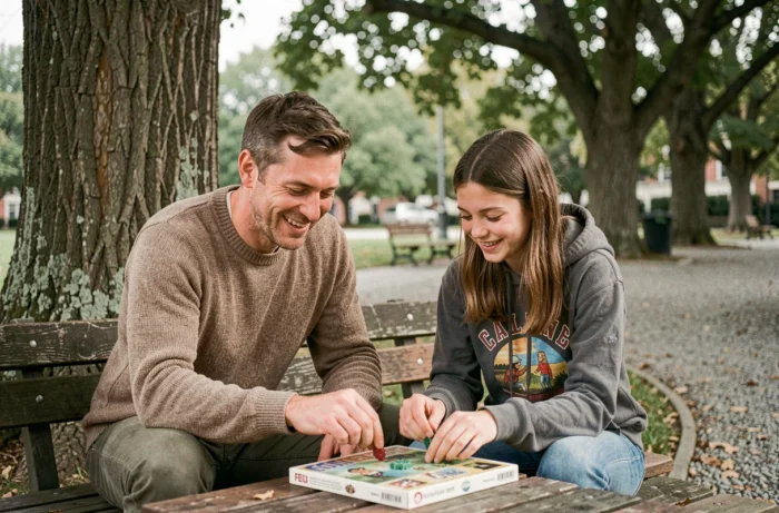 Père et fille adolescente jouant à un jeu de société ensemble dans un parc urbain paisible