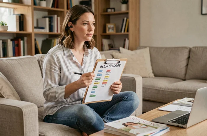 Femme révisant une liste d'invités sur un clipboard avant de choisir le thème du mariage