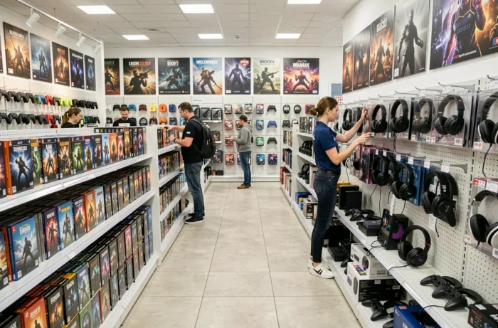 Magasin spécialisé jeux vidéo en Belgique avec rayons d'accessoires gaming et employée en train d'organiser les produits