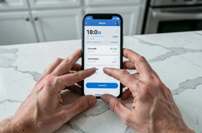 Mains tapant sur un smartphone pour transférer un solde Google Play vers un compte bancaire
