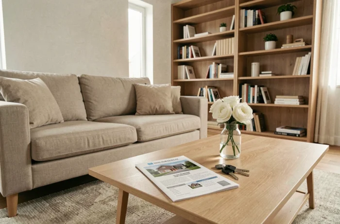 Salon moderne et épuré mis en valeur pour la vente rapide d'une maison dans le cadre d'un divorce, avec brochure immobilière et clés