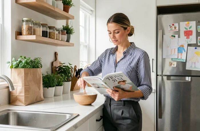 Maman active dans sa cuisine moderne, lisant un magazine tout en préparant un repas familial, ambiance contemporaine et authentique