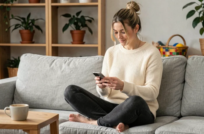 Jeune maman moderne assise sur un canapé en lin gris, consultant son smartphone dans un salon familial chaleureux et contemporain