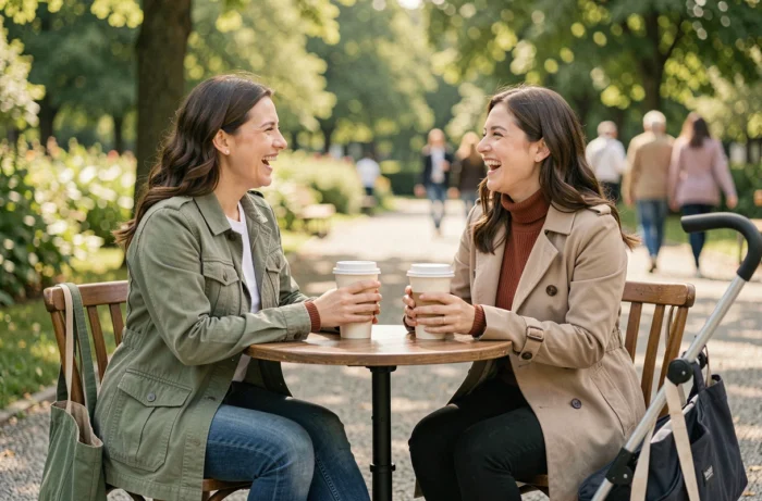 Deux mamans modernes partageant un moment de complicité en terrasse dans un parc urbain, autour d'un café avec une poussette à leurs côtés