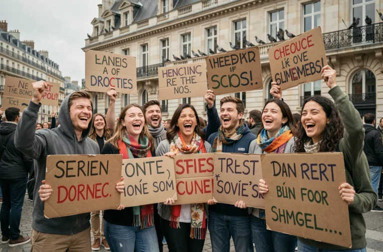 Groupe de jeunes manifestants riant et scandant des slogans humoristiques lors d'une manifestation politique en France contre le Rassemblement National