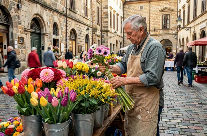 Étal de marché aux fleurs avec tulipes, dahlias et anémones dans une ville européenne pavée