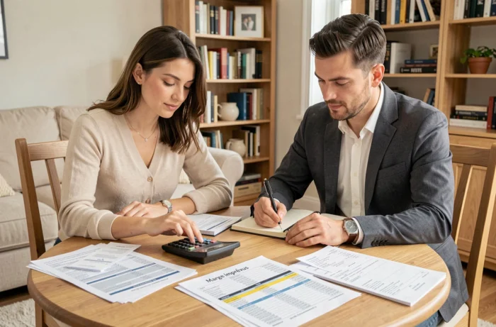 Couple planifiant une marge budgétaire dédiée aux imprévus sur des feuilles de calcul de mariage