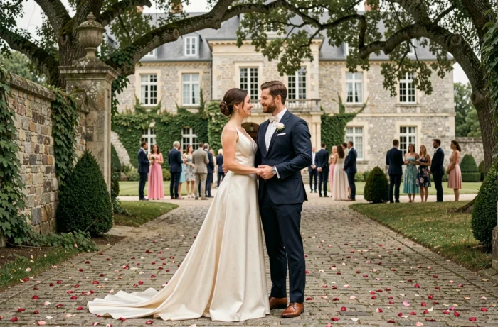 Mariés souriants devant un château en pierre lors d'un mariage élégant en plein air