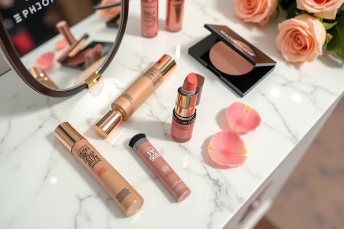 Flat lay de produits Maybelline sur marbre blanc dans un espace beauté Sephora, mascara, fond de teint et rouge à lèvres
