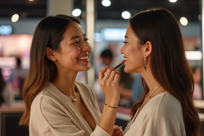 Deux femmes testant des produits Maybelline au comptoir beauté Sephora, application de rouge à lèvres en boutique