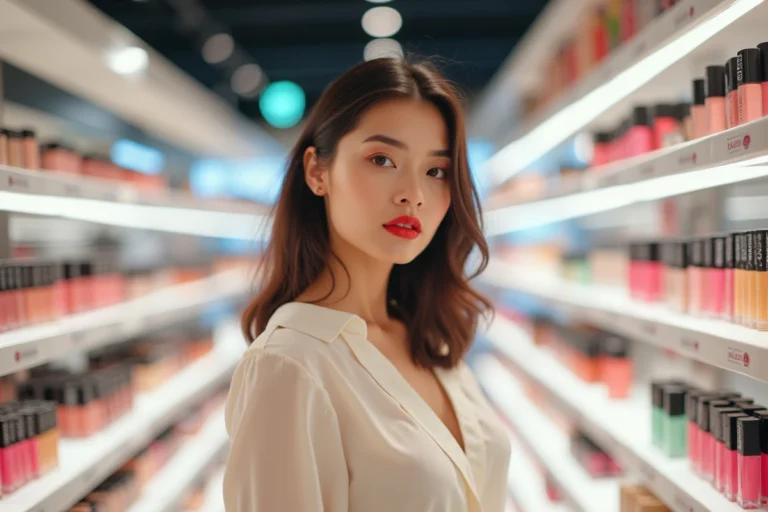 Jeune femme maquillée avec des produits Maybelline dans un magasin Sephora, entourée de cosmétiques en rayon