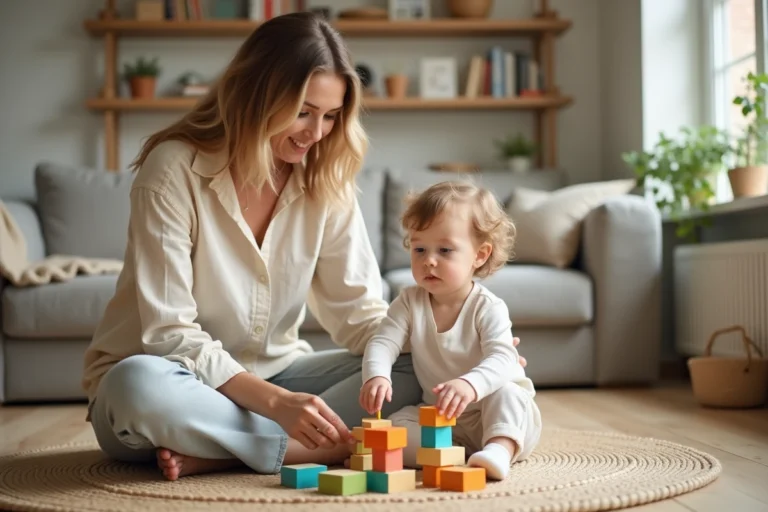 Mère et enfant en bas âge jouant ensemble avec des cubes en bois colorés sur le sol d'un salon chaleureux pour stimuler l'éveil