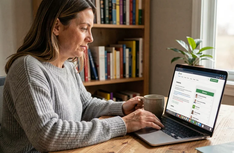 Mère de famille naviguant sur le plan du site Club des Parents depuis son bureau à domicile