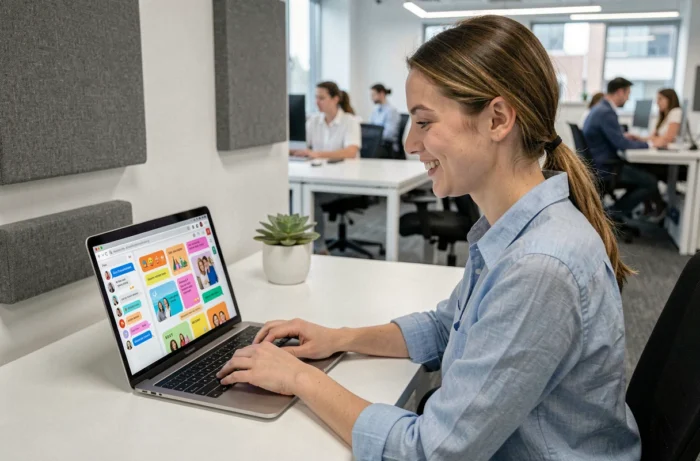 Femme souriante tapant un message collectif sur un outil collaboratif interne depuis son bureau