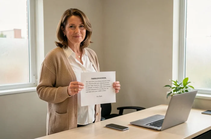 Femme tenant un message de départ incluant une mention sur le droit à la déconnexion pendant les vacances