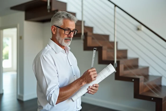Homme mesurant la montée d'un escalier moderne avec un plan architectural avant un déménagement
