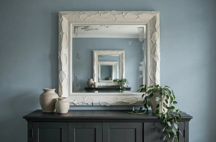 Miroir surdimensionné avec cadre texturé en plâtre blanc ancien au-dessus d'un buffet anthracite
