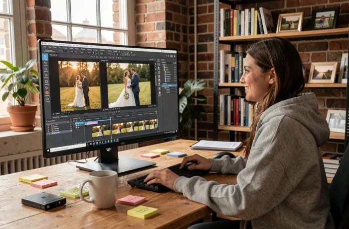 Monteuse vidéo travaillant sur le film de mariage dans un studio de montage