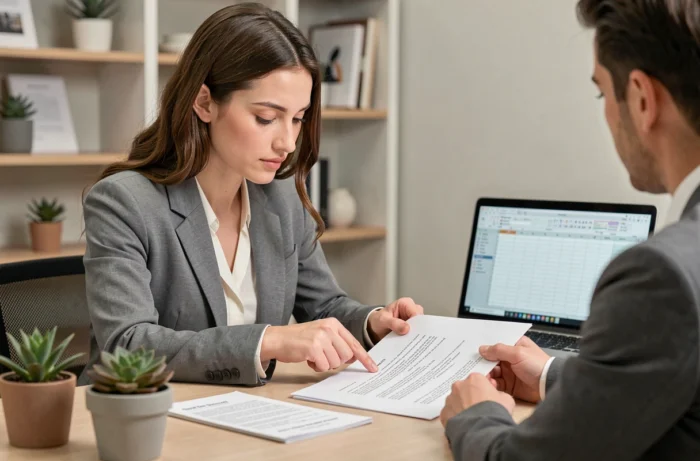 Femme négociant un contrat prestataire avec une clause d'annulation lors de la planification d'un mariage