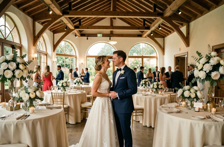 Mariés souriants dans une salle de réception décorée de fleurs blanches et de verdure lors d'un mariage élégant