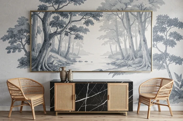 Papier peint panoramique en lé unique avec motif forêt japonaise encadré au-dessus d'un buffet à plateau en marbre noir